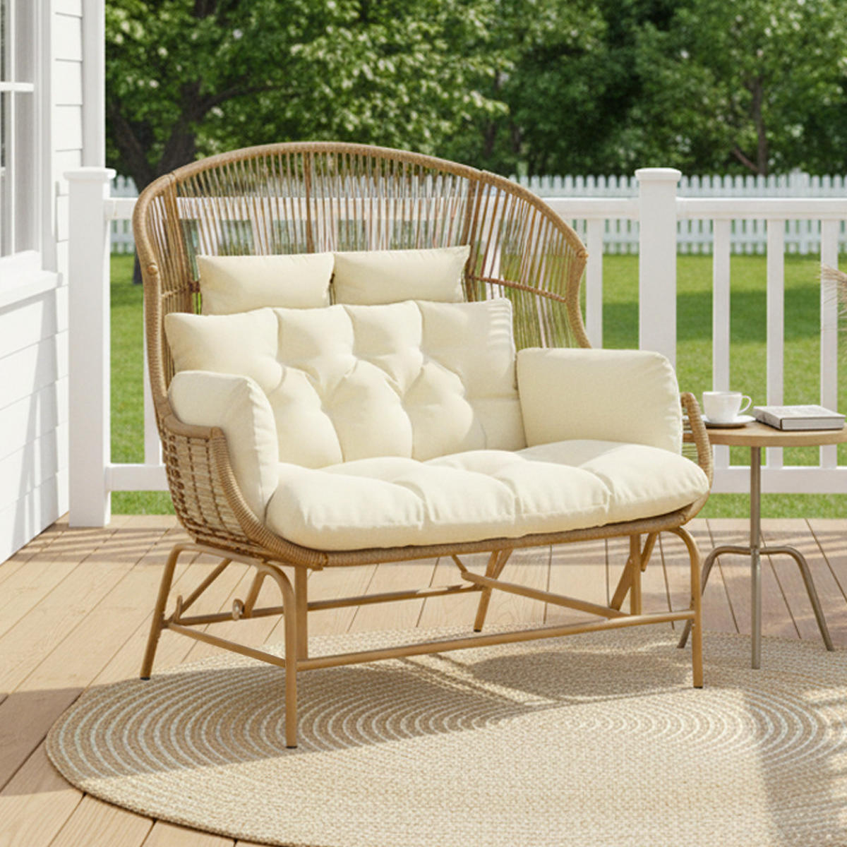 GARTENSCHAUKEL 145 cm Natur PE-Rattan 2-Sitzer Schaukelstuhl mit Kissen & Metallgestell für Balkon und Terrasse - Naturfarben, Metall (145/143/85cm) - Urban Meuble