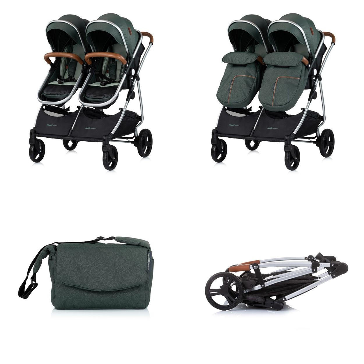 GESCHWISTERKINDERWAGEN Duo Smart tannengrün klappbar, umbaubar, verstellbar, Fußsack - Grün, Metall (80/75/104cm) - Chipolino