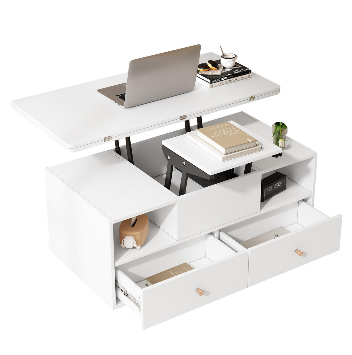 COUCHTISCH 100/50/47,5 cm höhenverstellbar mit Klappfunktion und 4 Schubladen - Weiß, Holzwerkstoff (100/50/47.5cm) - Flora Grace