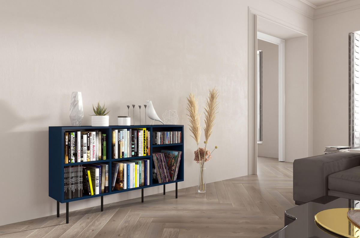 SIDEBOARD Mirka, Marinblau, offene Fächer, Minimalistisch - Schwarz/Dunkelblau, Holzwerkstoff/Metall (130/80/30cm) - Dancan