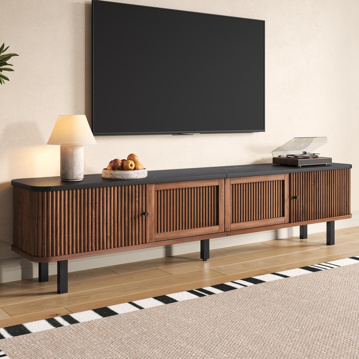 LOWBOARD 190/35/45 cm aus MDF und Holzwerkstoff mit Schiebetüren und Gitterfront Nussbaum - Braun, Holzwerkstoff (190/45/35cm) - Modenvie