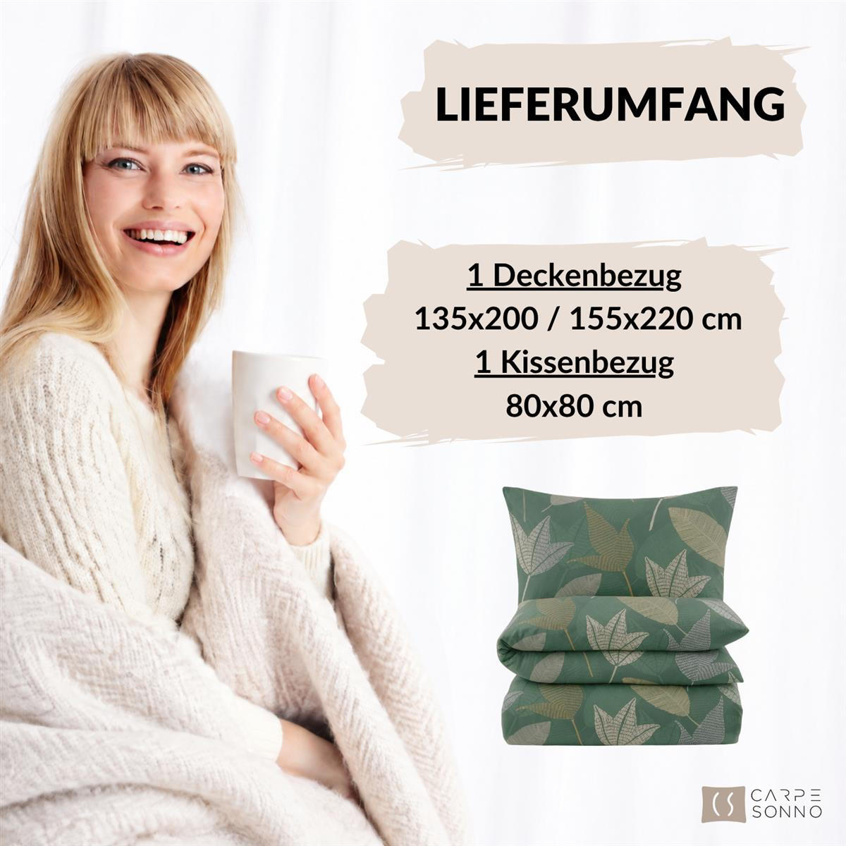BIBER-BETTWÄSCHE 155x220 - Kuschelig warmer Flanell Bettbezug aus 100% Baumwolle für Herbst & Winter - Blätter Grün - Grün, Textil (155/220cm) - Carpe Sonno