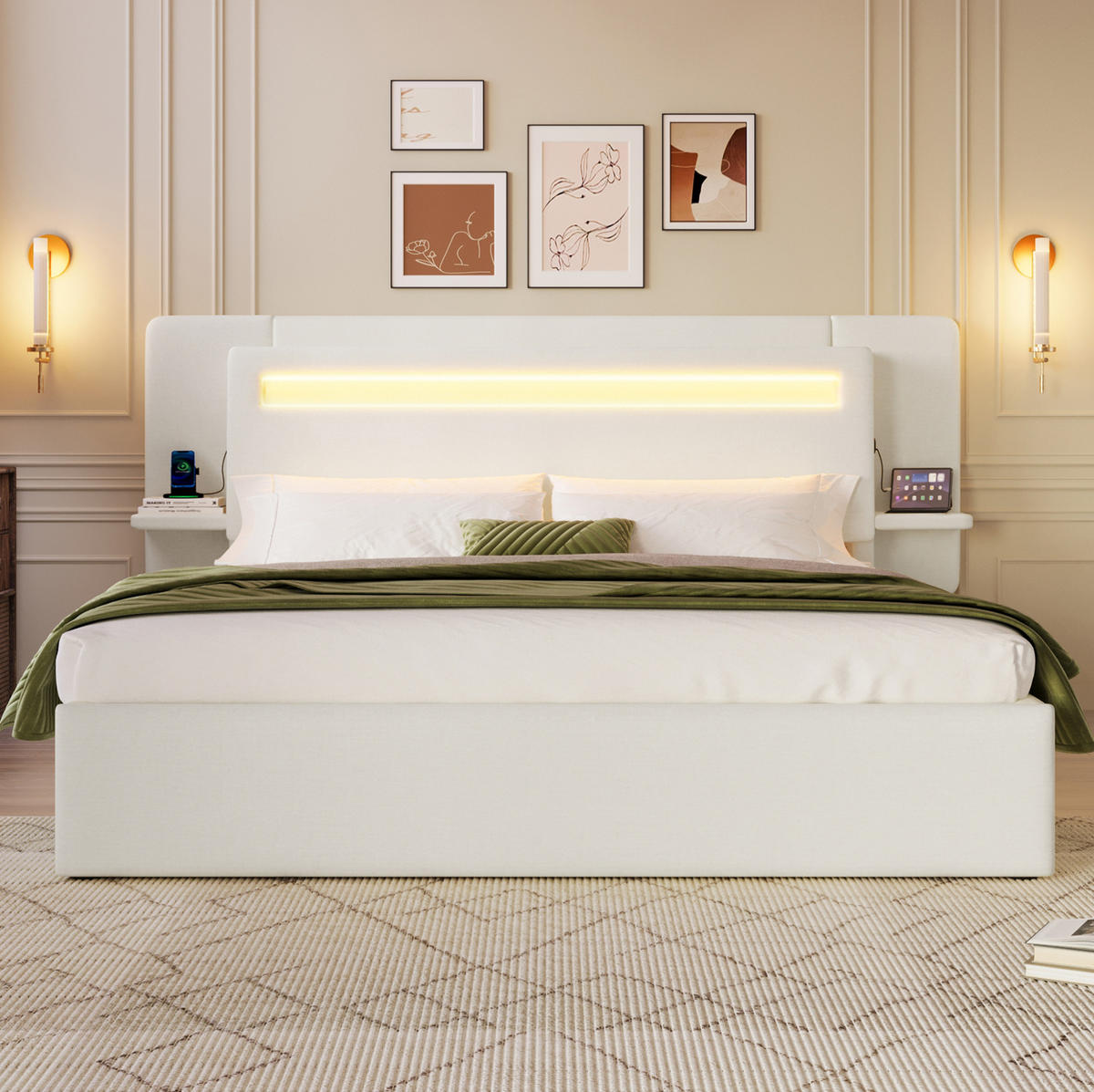 POLSTERBETT aus MDF und Leinen 140x200 cm Beige mit Bettkasten, LED-Beleuchtung, Nachttisch und USB-Anschluss - Beige, Textil (140/200cm) - Modfu