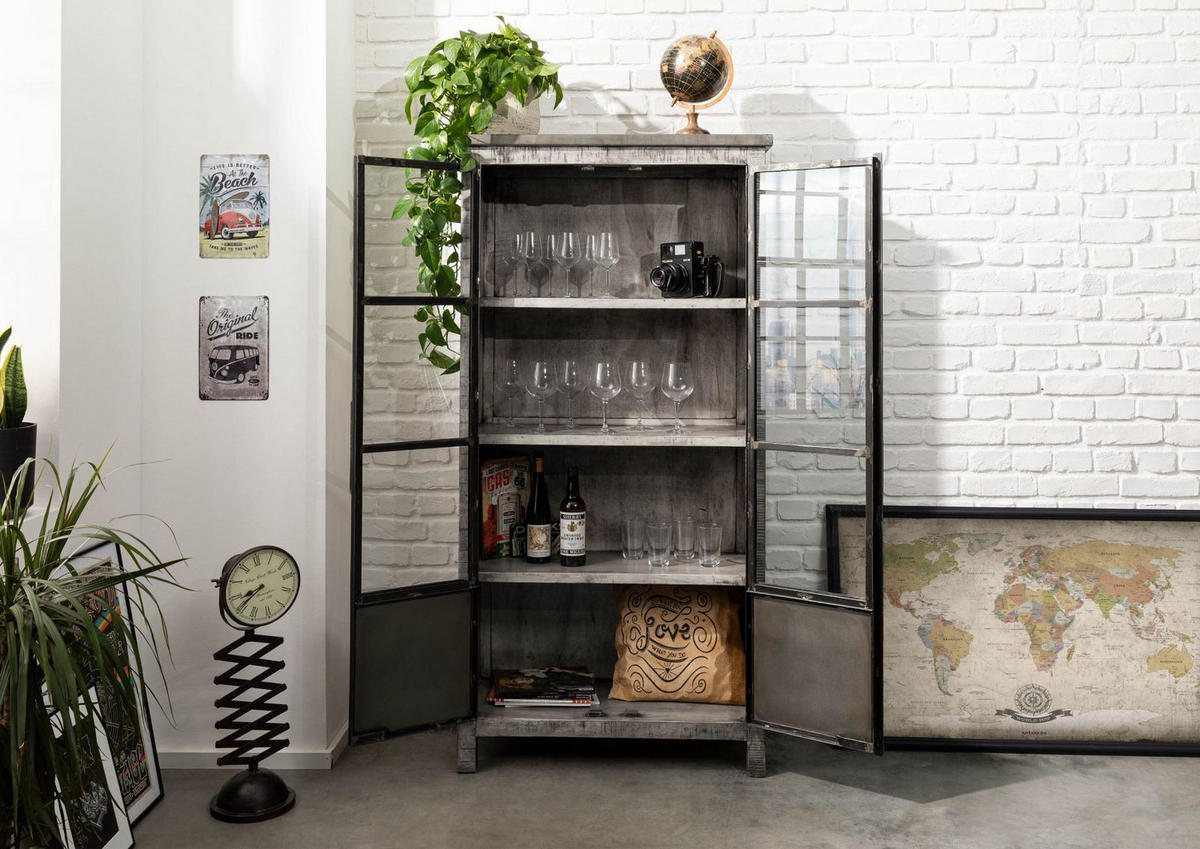 VITRINE Mango 90x40x180 grau lackiert HEAVY INDUSTRY #141 - Grau, Holz (90/180/40cm) - Massivmoebel24