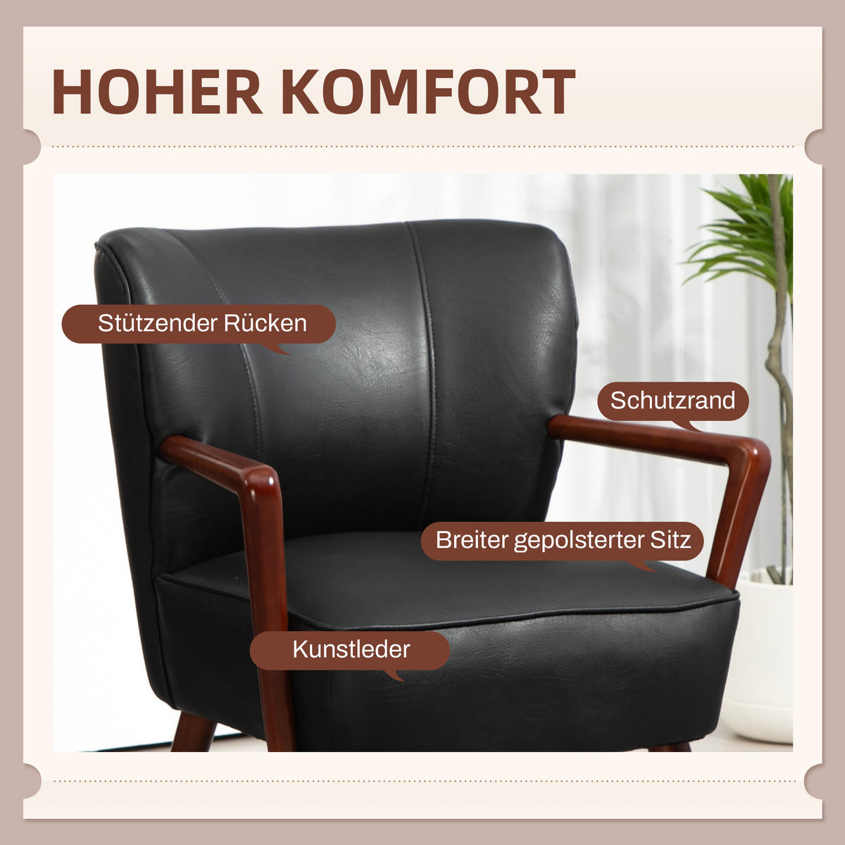POLSTERSTUHL, gepolsterter Akzentstuhl mit Armlehnen, Holzbeine, Schwarz - Schwarz, Kunststoff (77/80/67cm) - HOMCOM