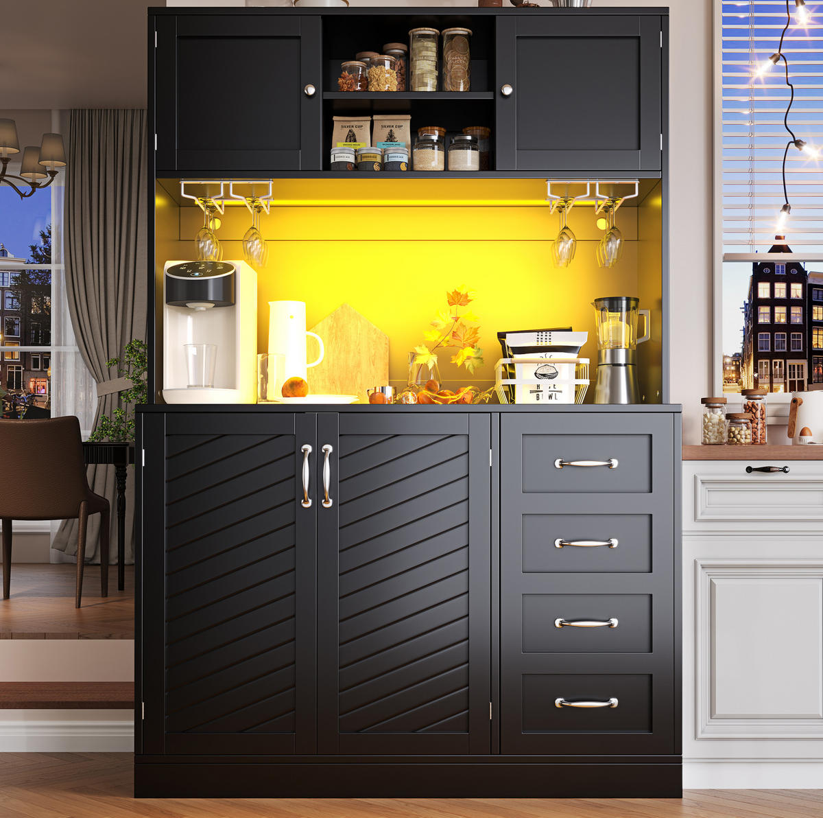 BUFFET 120/40/188 cm aus MDF mit LED-Beleuchtung Schwarz - Schwarz, Holzwerkstoff (120/188/40cm) - Modenvie
