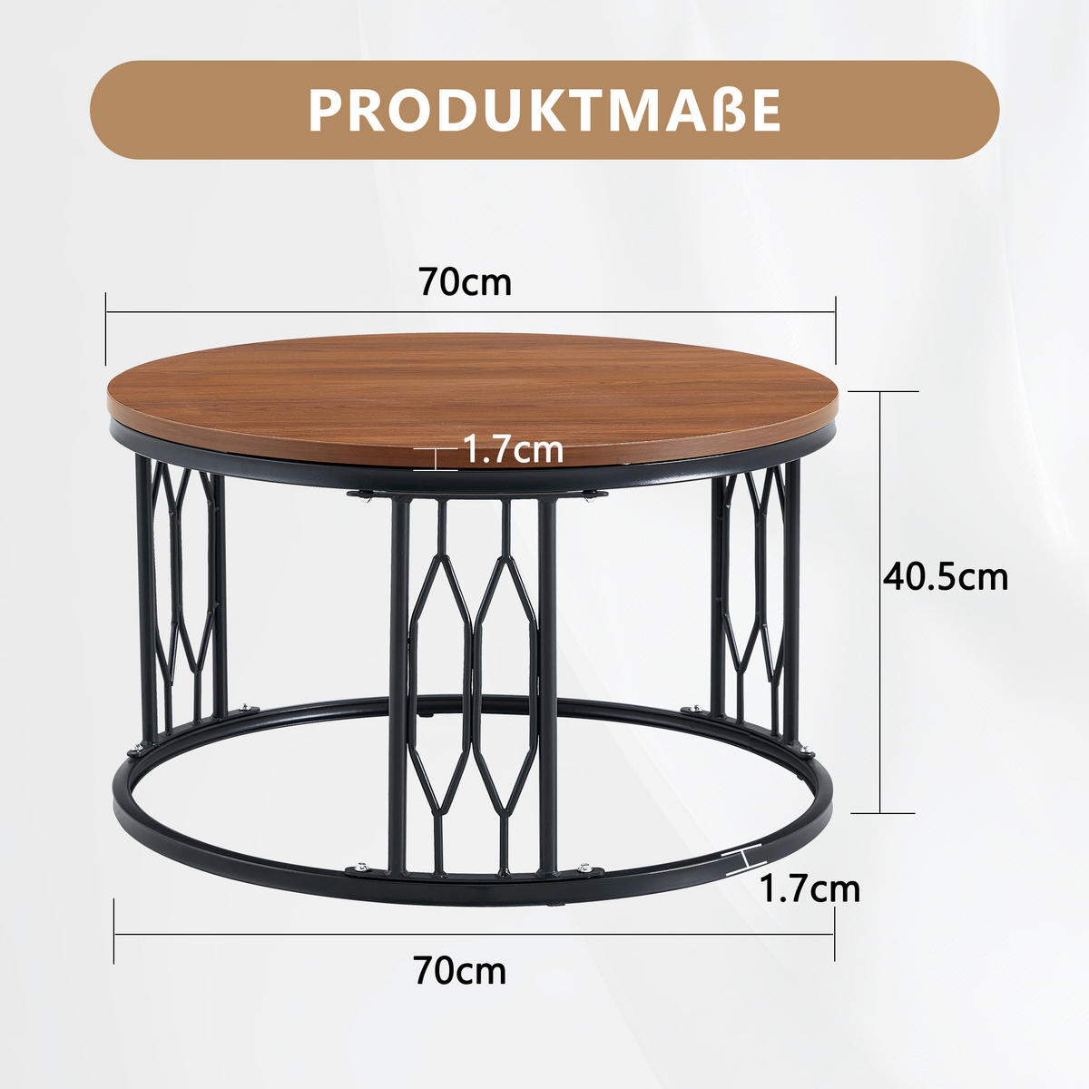 COUCHTISCH DE-37365 rund mit Holzoptik Walnuss - Walnussfarben, Metall (70/70/40.5cm) - ComfortXL