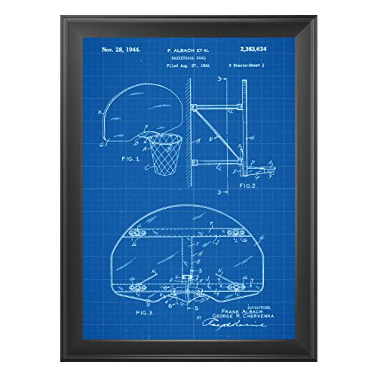 POSTER Set mit 4 Blau Patenten Basketball A4 Schwarzer Rahmen - Schwarz, Papier (29.7/3cm) - Nacnic