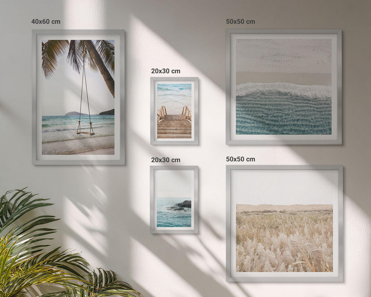 WANDBILDER 5er Set - 50x50 cm & 20x30 cm & 40x60 cm Silberner Rahmen - Treppe, Strand, Meerblick, Schaukel - Silberfarben, Kunststoff (40/60cm) - ArtPrintCave