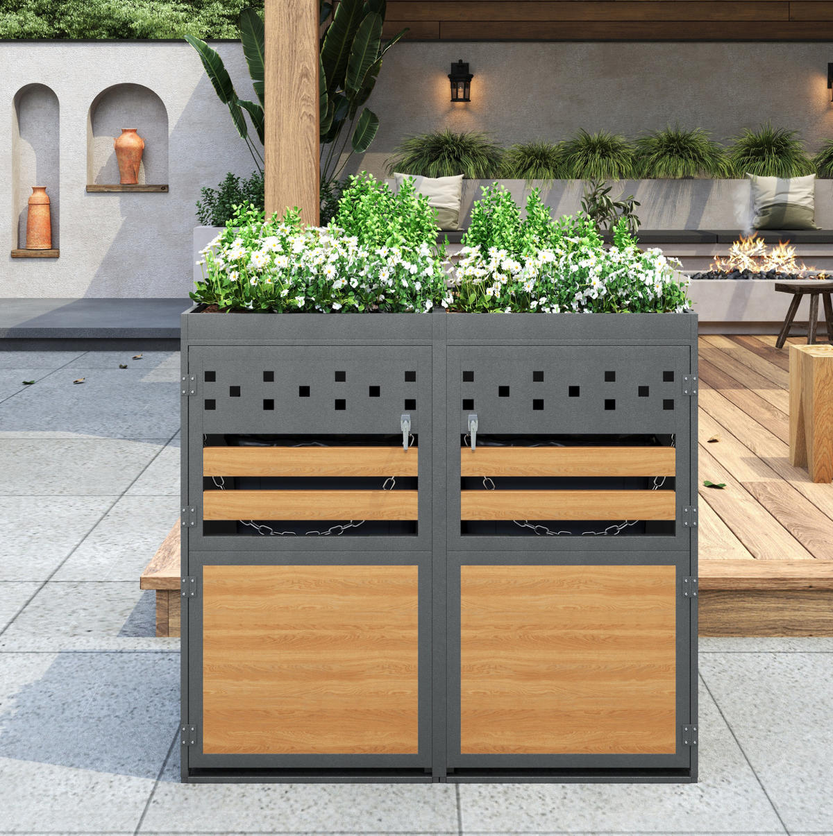 MÜLLTONNENBOX aus Metall in Anthrazit Natur mit Pflanzendach - Grau, Metall (132/125/80cm) - Modfu