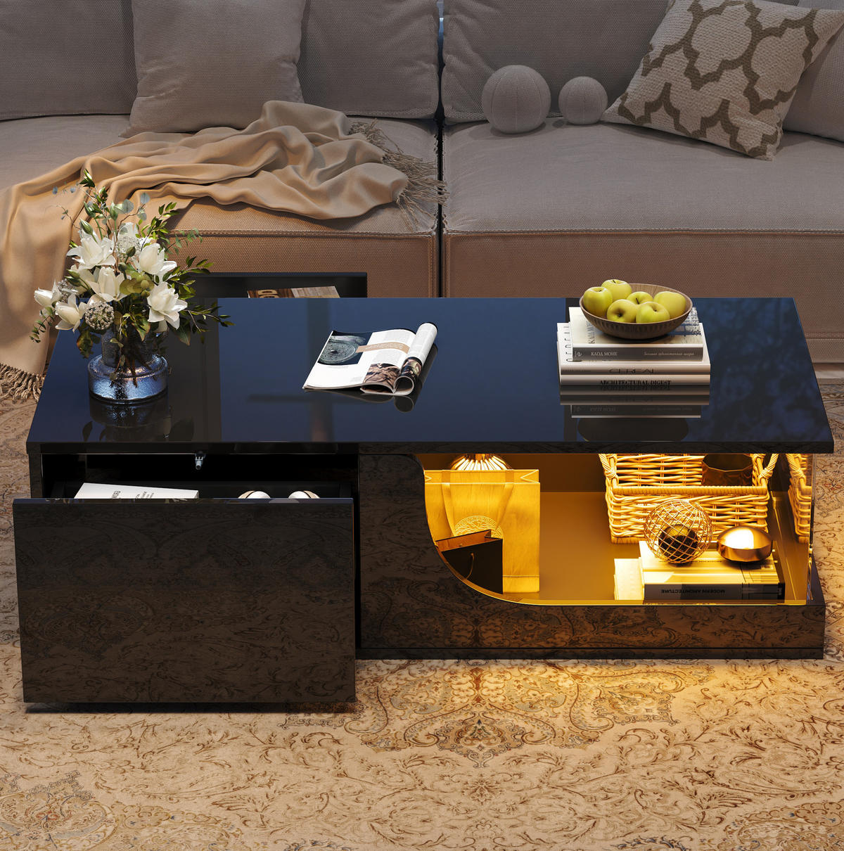 COUCHTISCH 100/50/30 cm Schwarz aus MDF und Glas mit LED und 2 Schubladen - Schwarz, Holzwerkstoff (100/50/30cm) - OKMYHOME