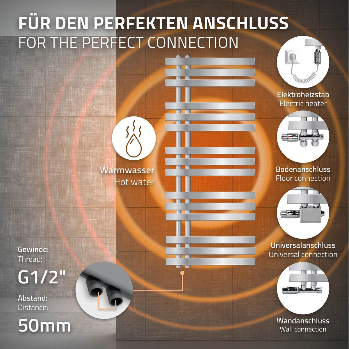 BADHEIZKÖRPER elektrisch Iron EM 500x1200 mm Chrome mit Heizstab 900W - Chromfarben, Metall (50/120/3cm) - LuxeBath