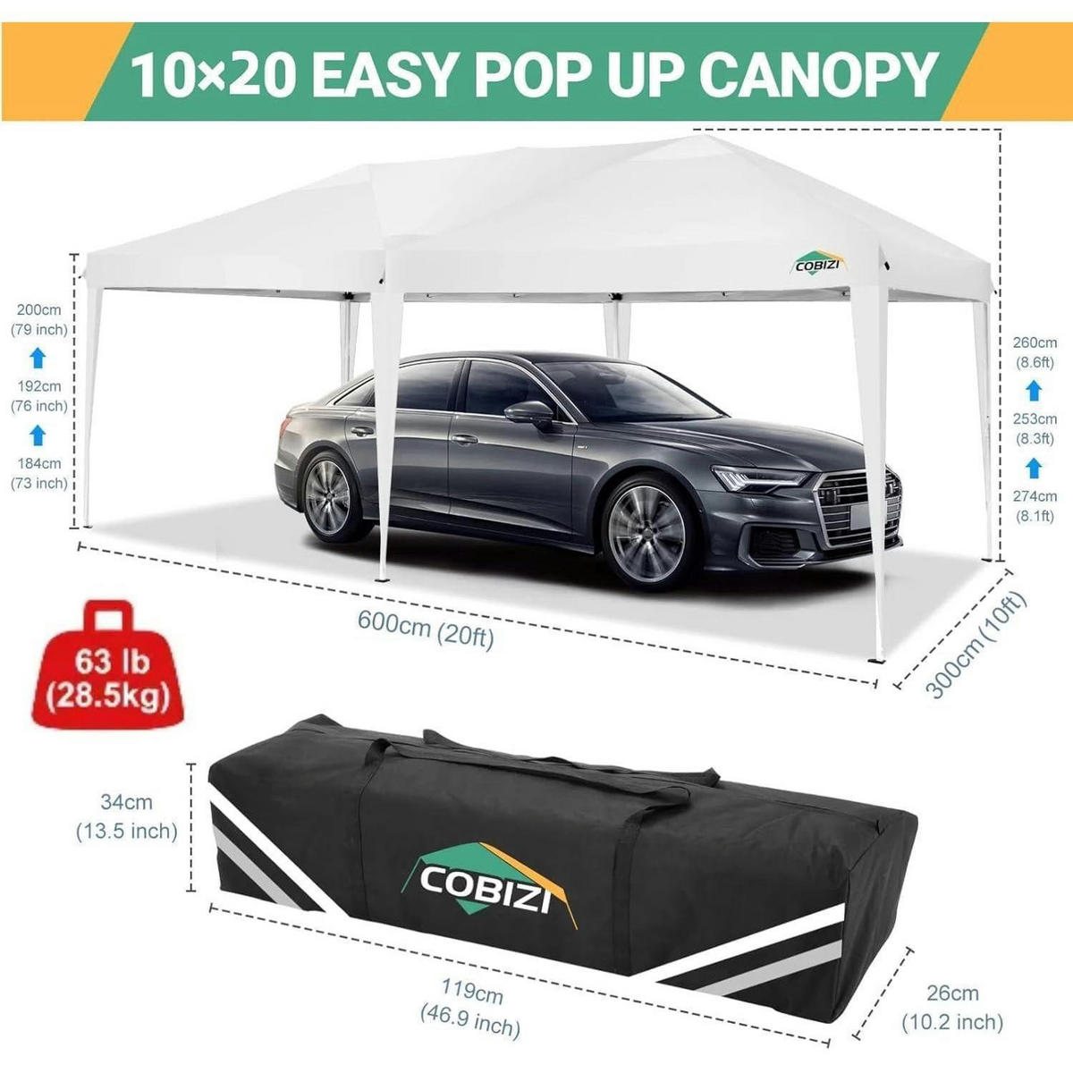 POP-UP Faltpavillon 3 x 6 m weiß mit 6 Seitenteilen - Weiß, Textil (300/274/600cm)