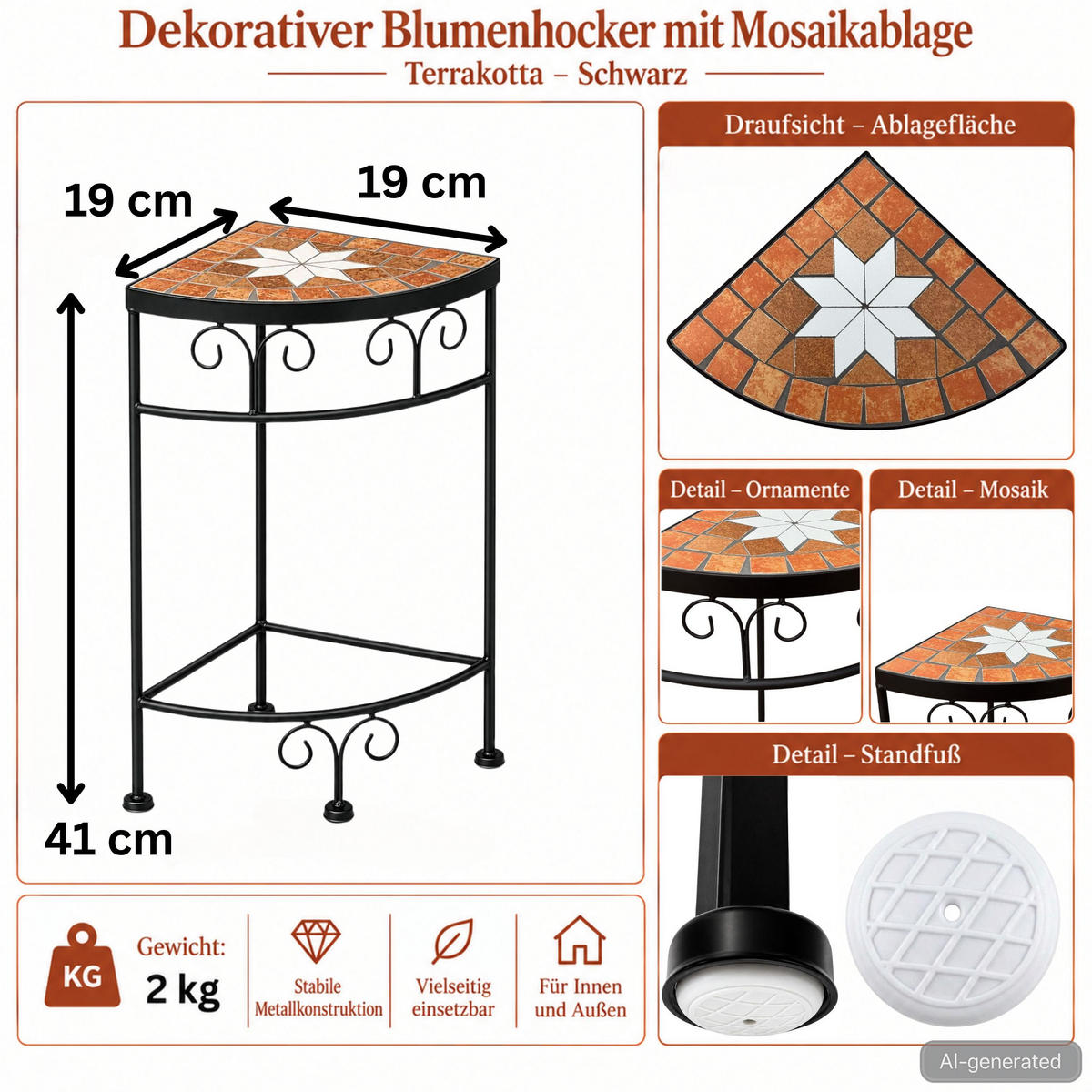 BLUMENHOCKER Ecke mit Mosaik Metall Schwarz/Terrakotta 19/19/42 cm - Schwarz, Metall (19/41/19cm) - DanDiBo
