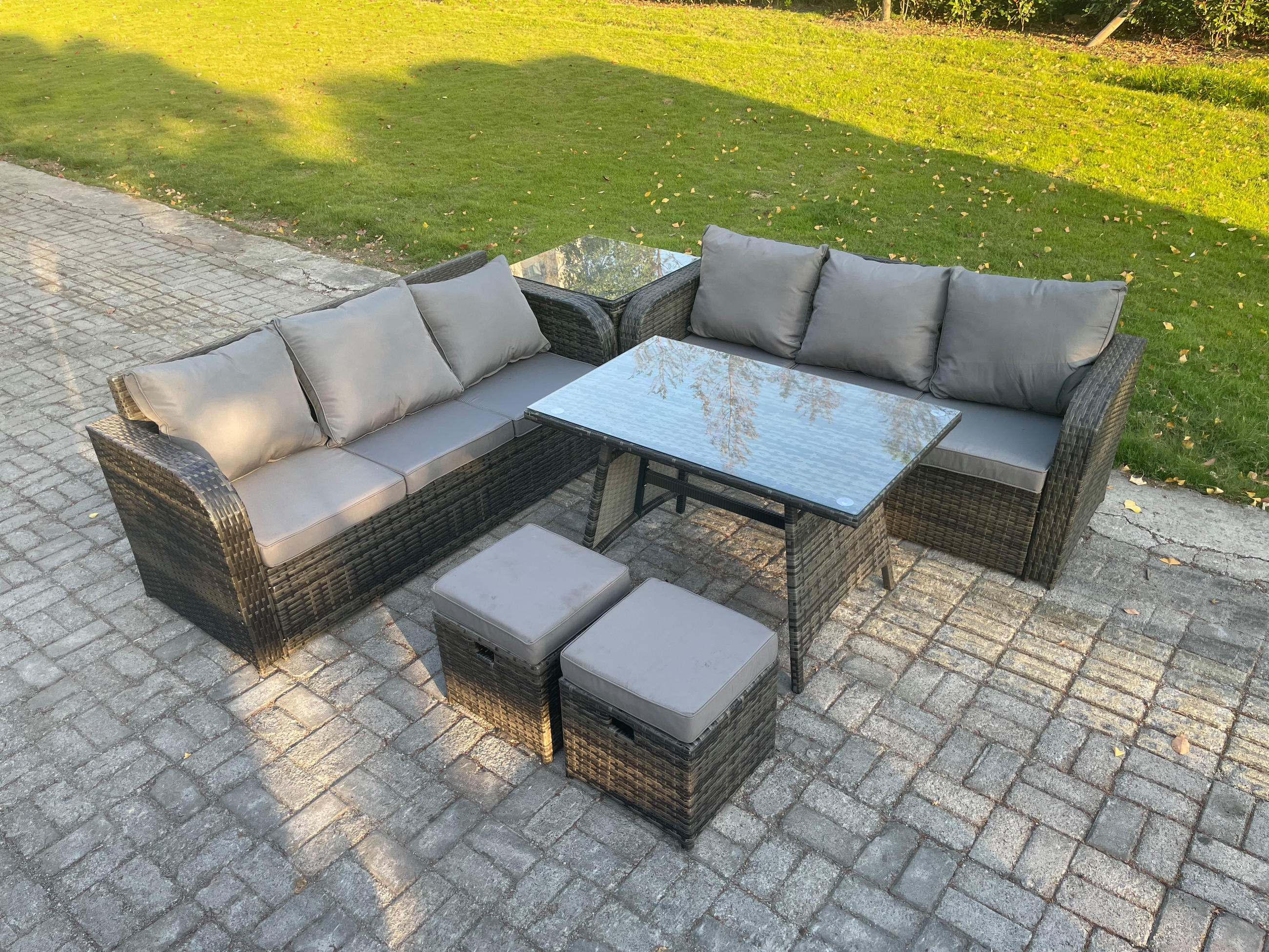 GARTENSET Hohe Rückenlehne Polyrattan 8-Sitzer - Dunkelgrau/Grau, Glas/Kunststoff - Fimous