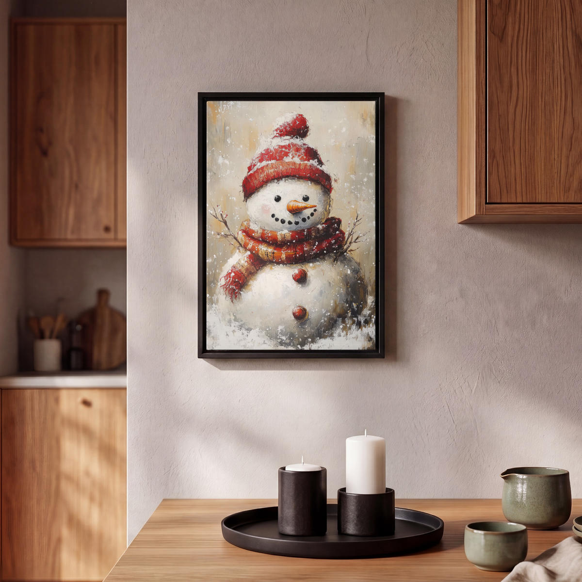 LEINWAND Bilder mit Rahmen - Schneemann - Winter - Schnee - Beige - 20x30 - Weiß, Textil (20/30cm) - MuchoWow