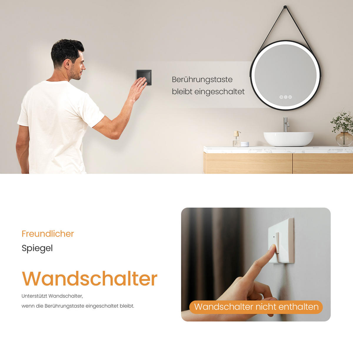 BADSPIEGEL mit Touch-Schalter Beleuchtung mit Hängeriemen Schwarz ф80 cm - Schwarz, Glas (80/3.5/80cm) - EMKE