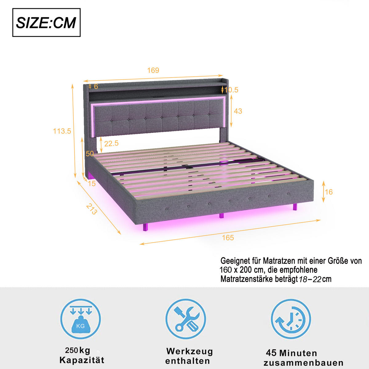 POLSTERBETT 160/200 cm grau mit USB-Steckdose und LED-Beleuchtung - Grau, Textil (160/200cm) - OKWISH
