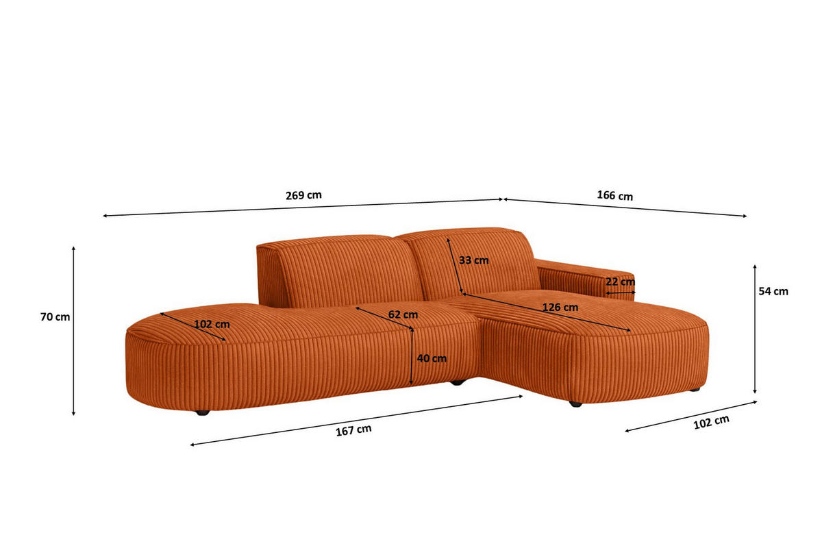 ECKSOFA Cursal Atelier, Stoff Poso, Kupfer, Rechts - Orange, Holz (269/166cm) - Kaiser Möbel