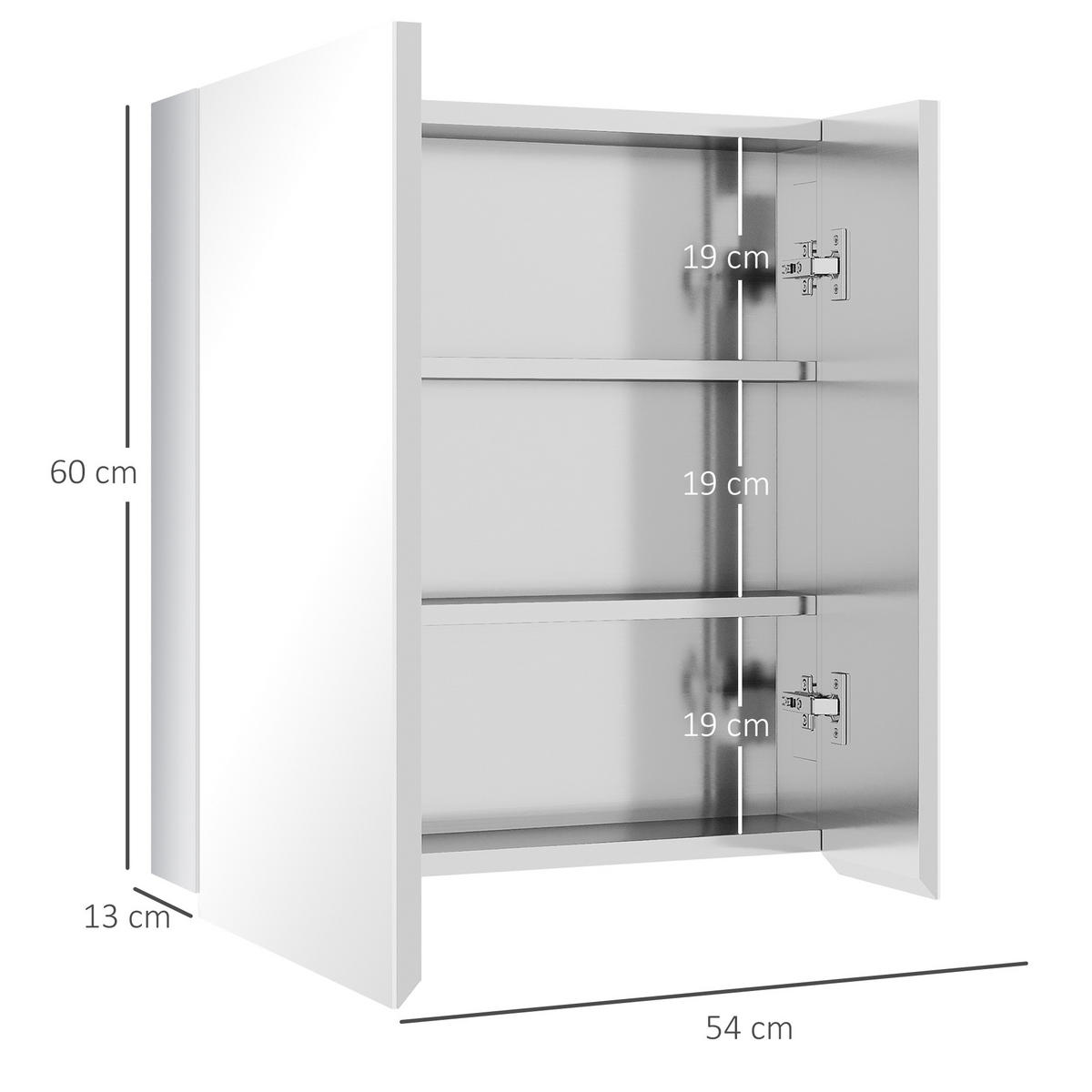 SPIEGELSCHRANK mit 3 Innenböden, Doppeltür, Edelstahl, Silber - Silberfarben, Glas (13/60/54cm) - Kleankin