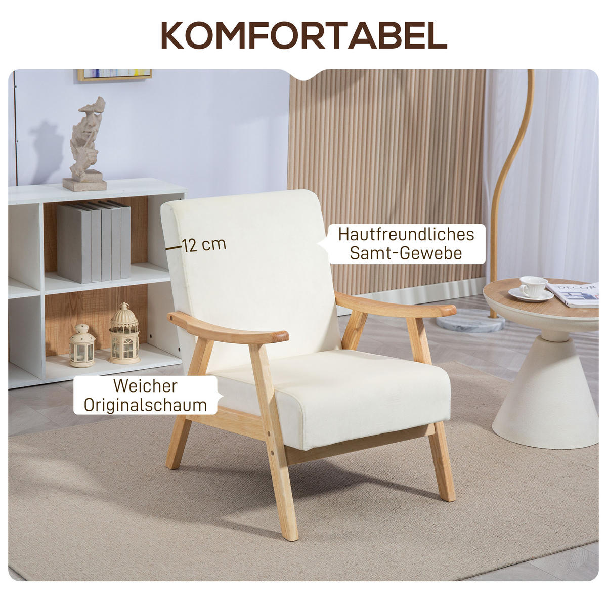 SESSEL Wohnzimmer Nordisch Relaxsessel mit Armlehne, Sitzkissen Cremeweiß - Creme, Kunststoff (65/83/80cm) - HOMCOM
