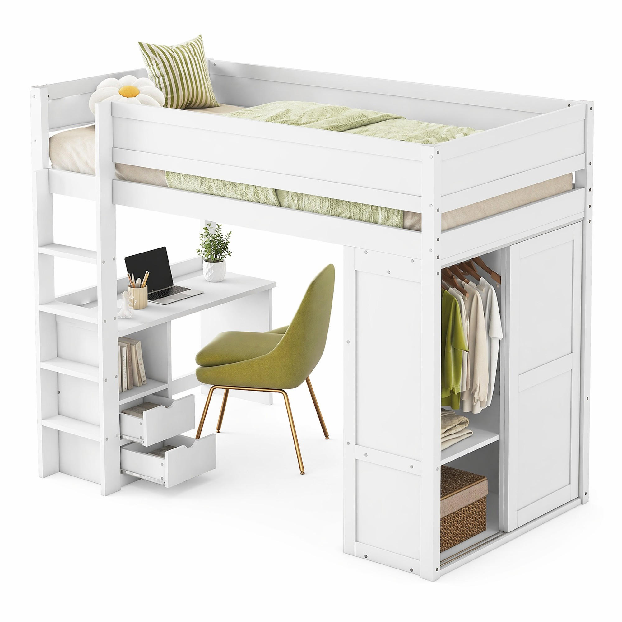 HOCHBETT 90/200 mit Kleiderschrank, Schreibtisch und zwei Schubladen in Weiß - Weiß, Holz (90/200cm) - EVRYAE