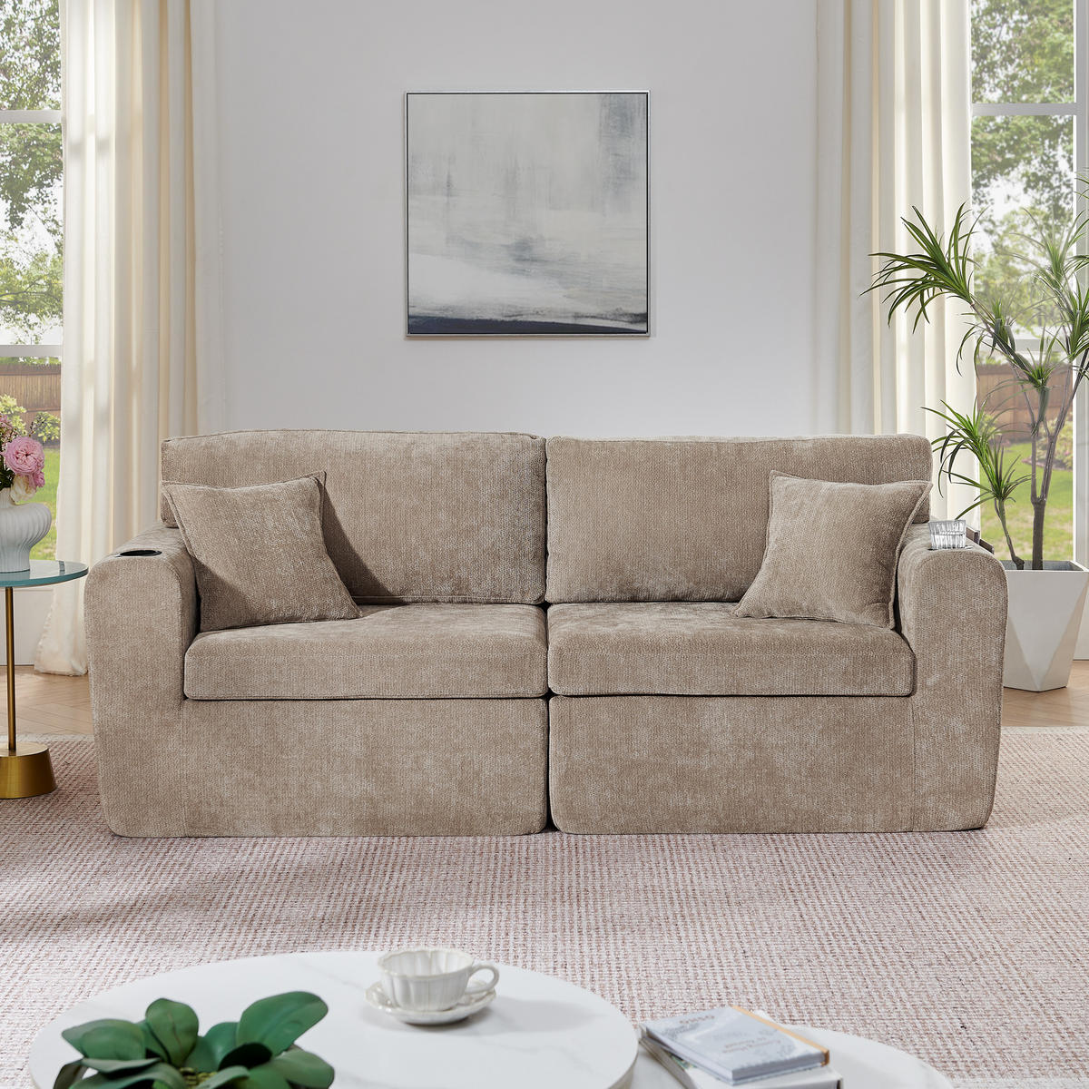 2-SITZER SOFA Chenille Braun mit USB, Getränkehalter, Tasche und Kissen - Braun, Textil (220/89/100cm) - WISHDOR