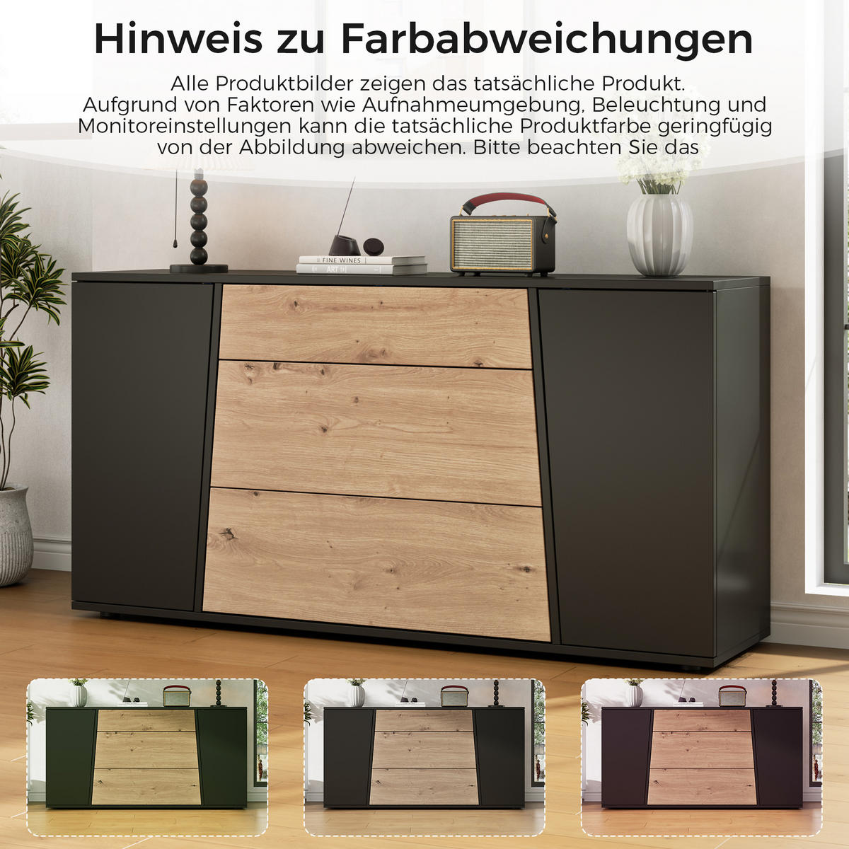KÜCHENSCHRANK 140x35x70cm Schwarz Holzton mit 3 Schubladen - Schwarz/Naturfarben, Holzwerkstoff (140/70/35cm) - FLIEKS