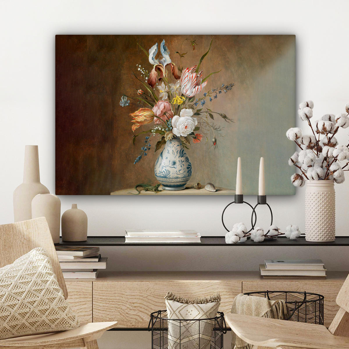 LEINWANDBILD Alte Meister - Blumen - Balthasar van der Ast Wanddeko 90x60 cm - Hellbraun, Textil (90/60cm) - MuchoWow