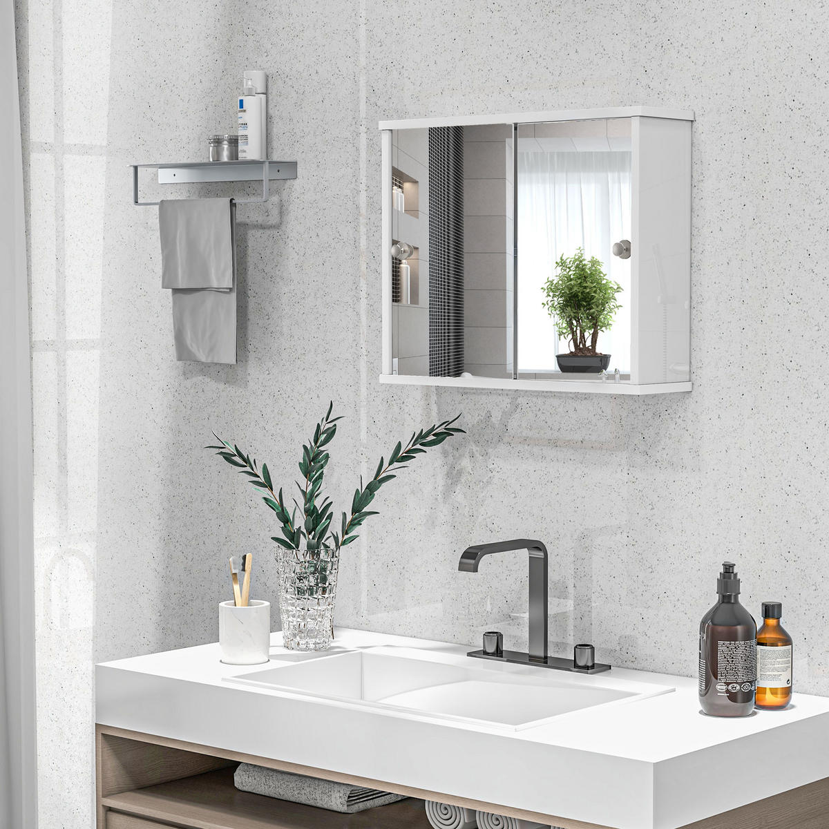 SPIEGELSCHRANK mit verstellbarem Einlegeboden und Doppel Schiebetür für Badezimmer Waschbecken,55x15x45cm Hochglanz Weiß - Weiß, Glas (55/45/15cm) - Vallsero