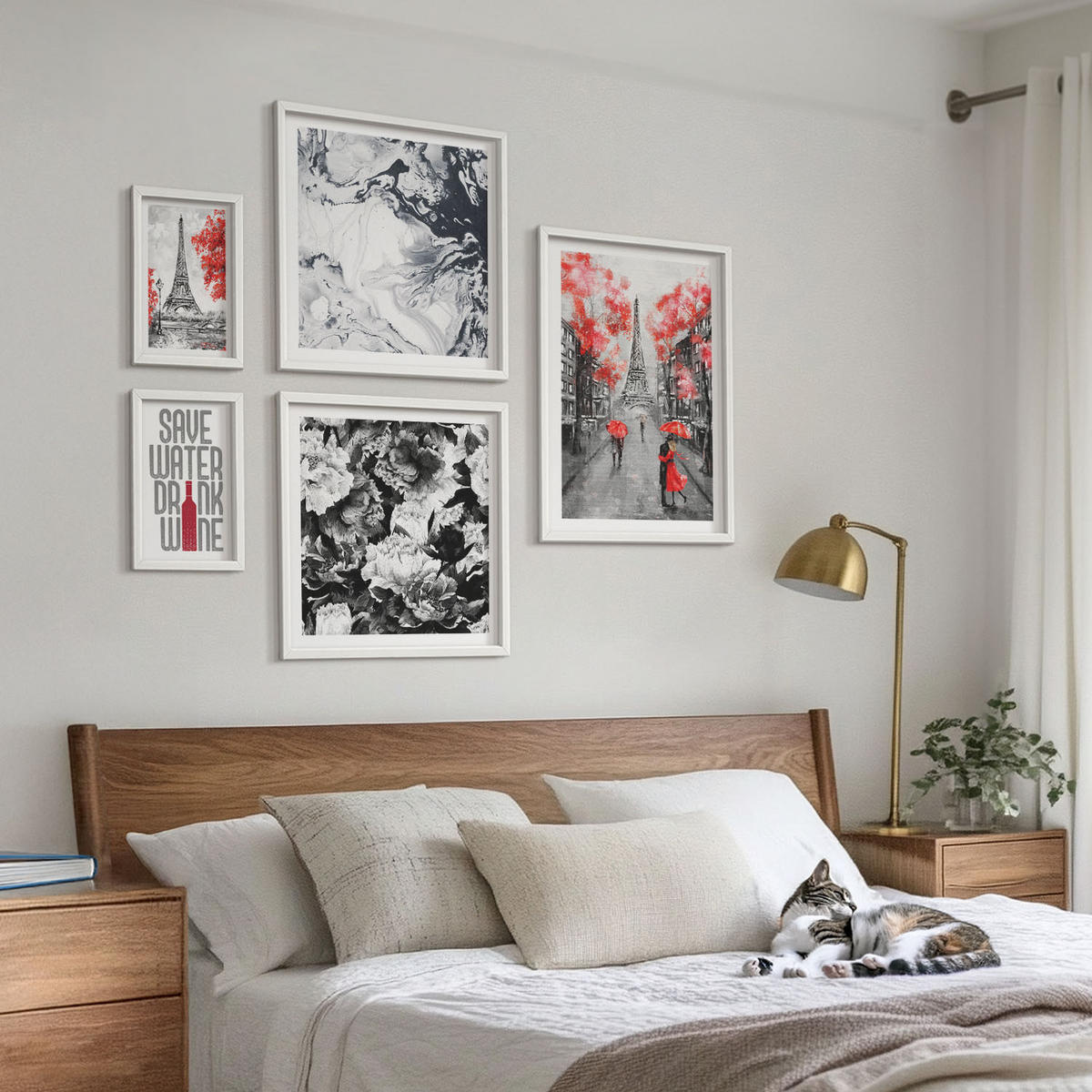 WANDBILDER 5er-Set - 50x50 cm & 20x30 cm & 40x60 cm Weißer Rahmen - graue Gemälde des Eiffelturms - Weiß, Kunststoff (40/60cm) - ArtPrintCave