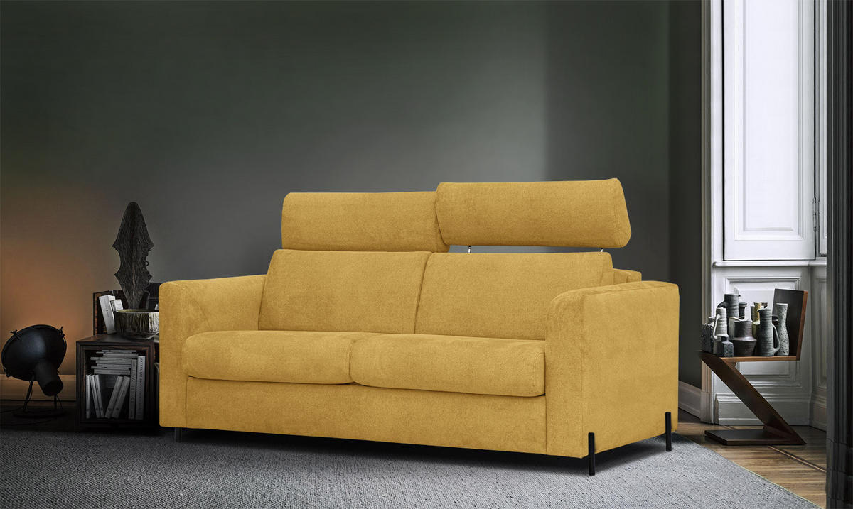 SOFA MEZO 3-Sitzer mit Schlaffunktion, gelb - Gelb/Schwarz, Holz/Textil (232/90/107cm) - Courtois Laville