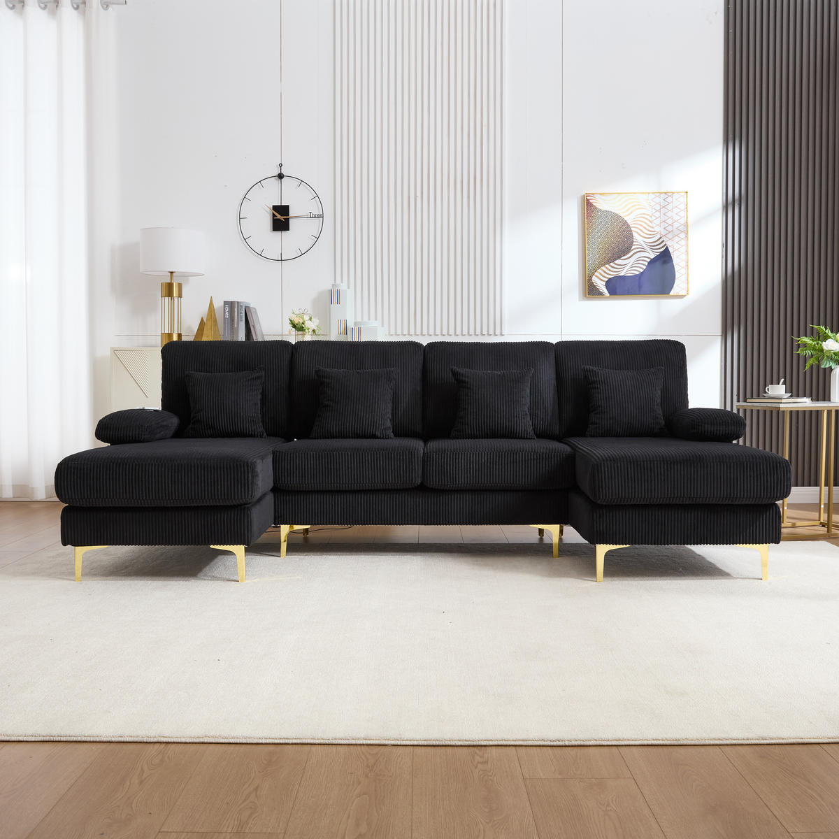 WOHNLANDSCHAFT Samt Schwarz mit LED und USB - Schwarz, Holzwerkstoff/Textil (265/88/135cm) - WISHDOR