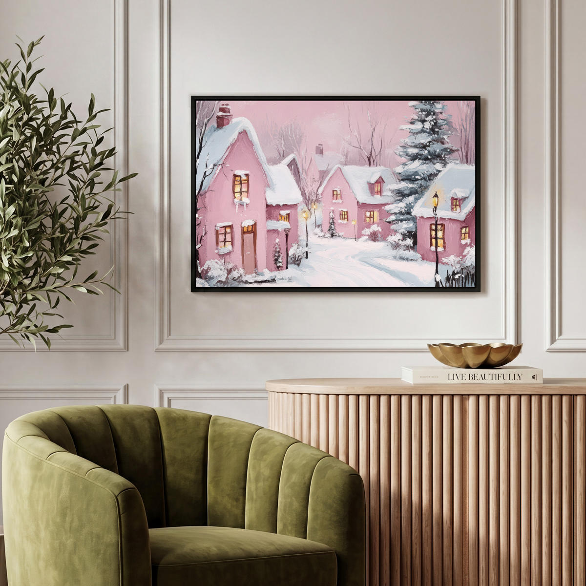 LEINWAND Bilder mit Rahmen - Weihnachtsdorf - Rosa - Winter - Schnee - Häuser - 60x40 - Altrosa, Textil (60/40cm) - MuchoWow