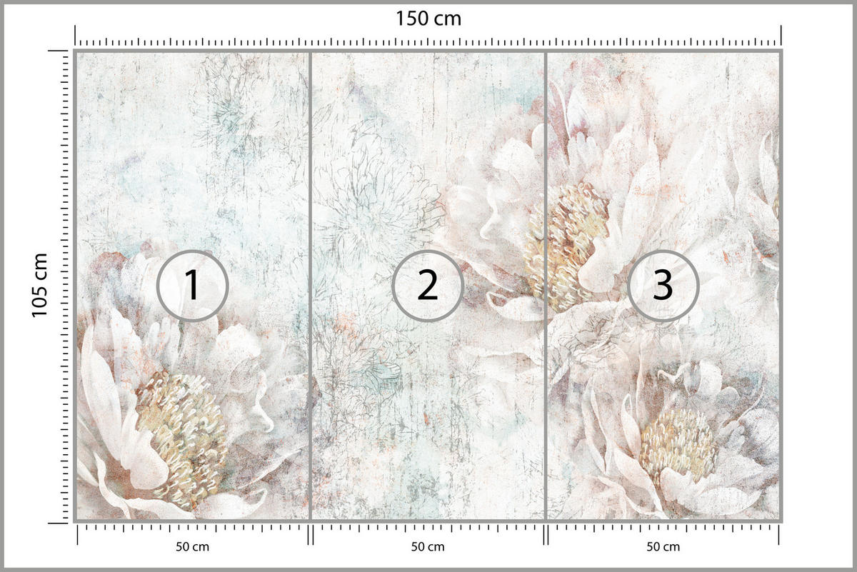 FOTOTAPETE für Büro Pfingstrosen Blumen Beton Vintage 150x105 - Gelb/Rosa, Papier (150/105cm) - Muralo