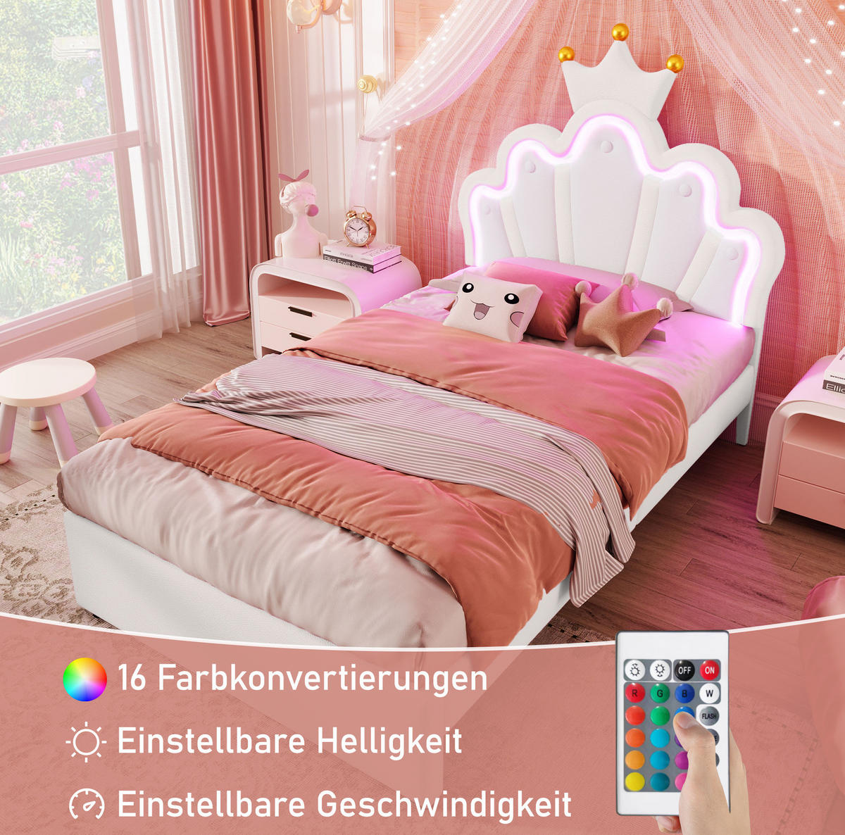 DETSKÁ posteľ 90/200 cm biela s LED osvetlením 2 zásuvkami a nastaviteľným čelom z PU - biela, koža (90/200cm) - OKWISH