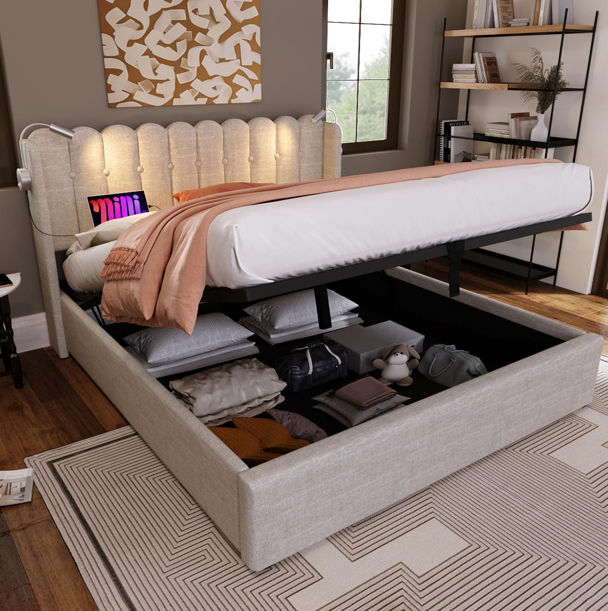 BETT mit Bettkasten, USB und Leselicht 160x200 cm Leinen Natural - Beige, Metall (160/200cm) - Meubliv