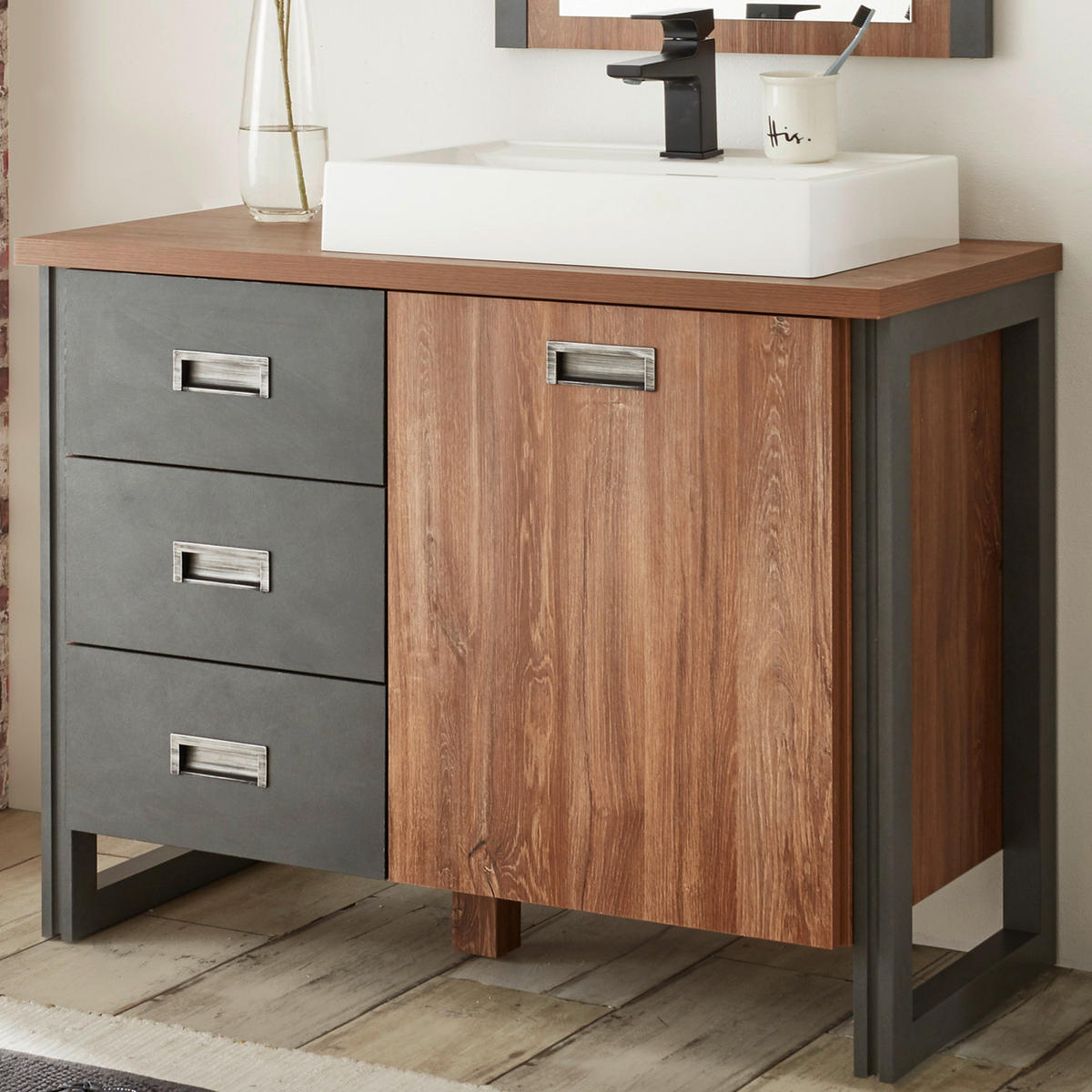 WASCHBECKENUNTERSCHRANK Eiche Stirling, Matera grau, Badmöbel Waschtisch 91 x 75 cm - Eichefarben/Grau, Holz/Holzwerkstoff (91/85/40cm) - Furn.Design