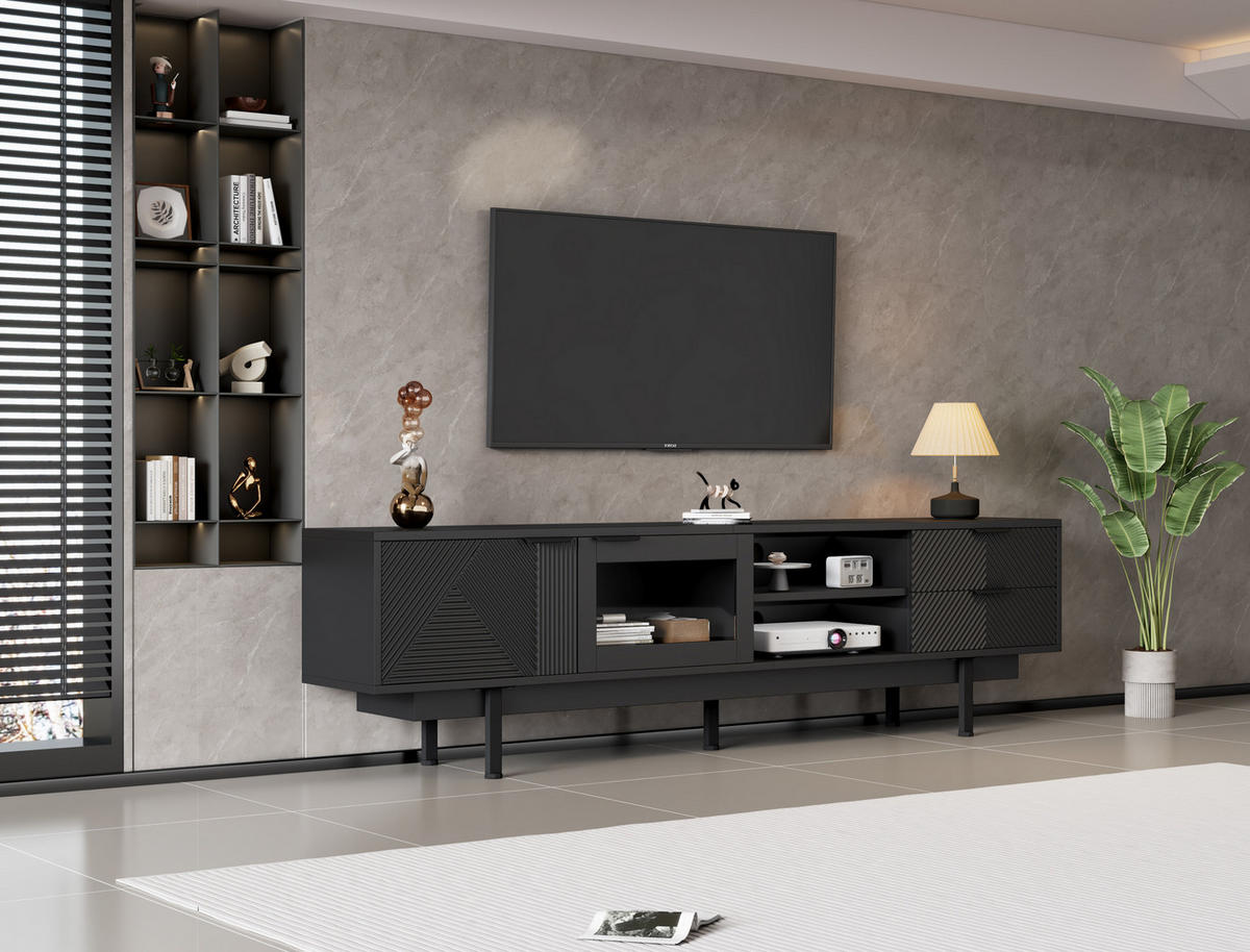 TV-LOWBOARD aus Spanplatte 200x40x50,5 cm Schwarz mit 2 Türen, 2 Schubladen und Ablagefächern - Schwarz, Holzwerkstoff (200/50.5/40cm) - Modfu
