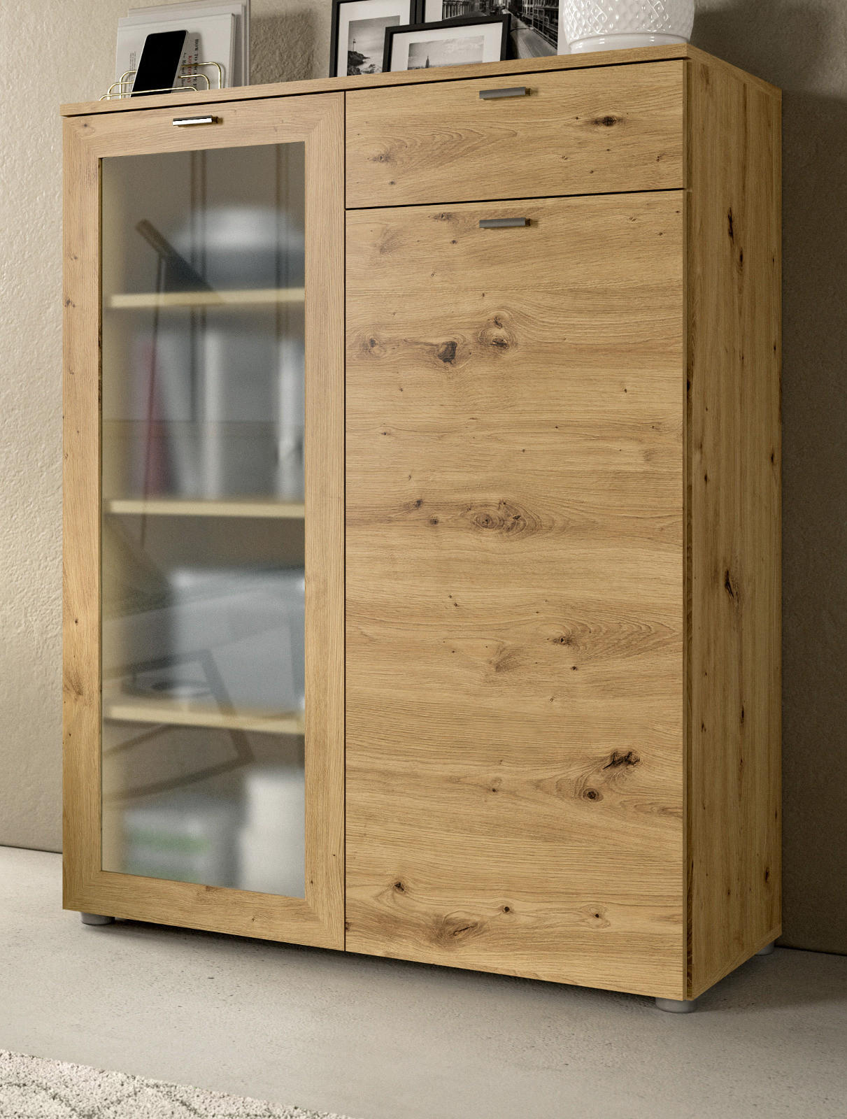 HIGHBOARD Eiche Artisan 90x115 cm, Vitrine mit Soft-Close - Silberfarben/Eiche Artisan, Glas/Holzwerkstoff (90/115/37cm) - Inn.Furn