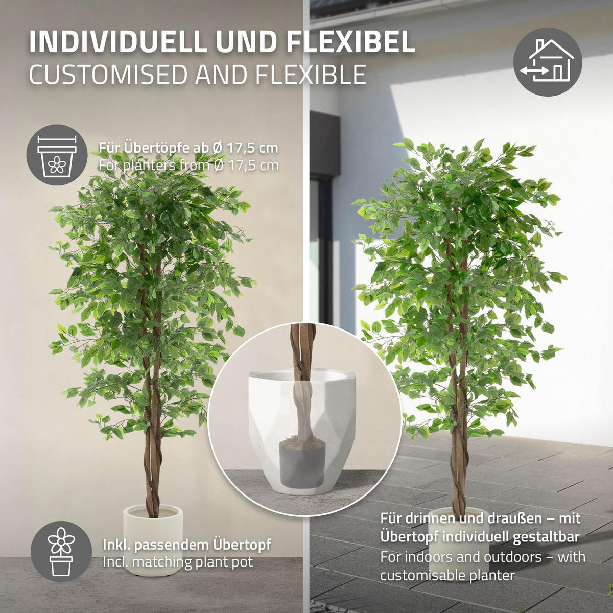 UMĚLÁ ROSTLINA Ficus 180 cm s kmenem z přírodního dřeva pro vnitřní i venkovní použití - černá/zelená barva, textil/plast (180cm) - ML-DESIGN