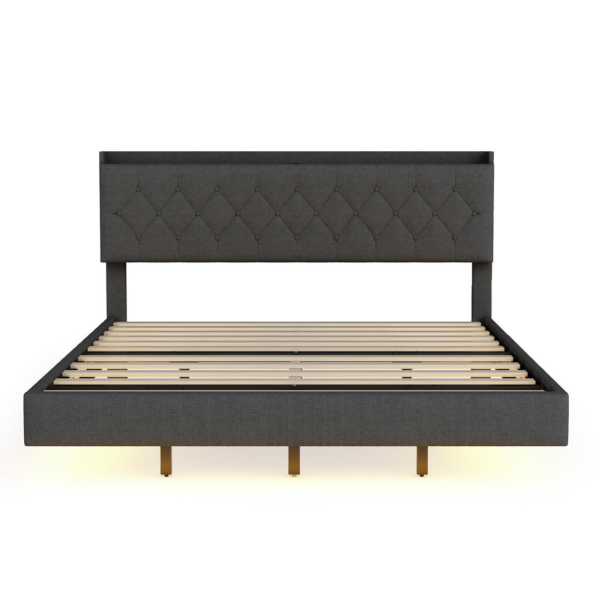 POLSTERBETT 160/200 cm grau mit USB-Ladeanschluss und LED-Farbwechsel-Lichtleiste - Grau, Textil (160/200cm) - OKWISH