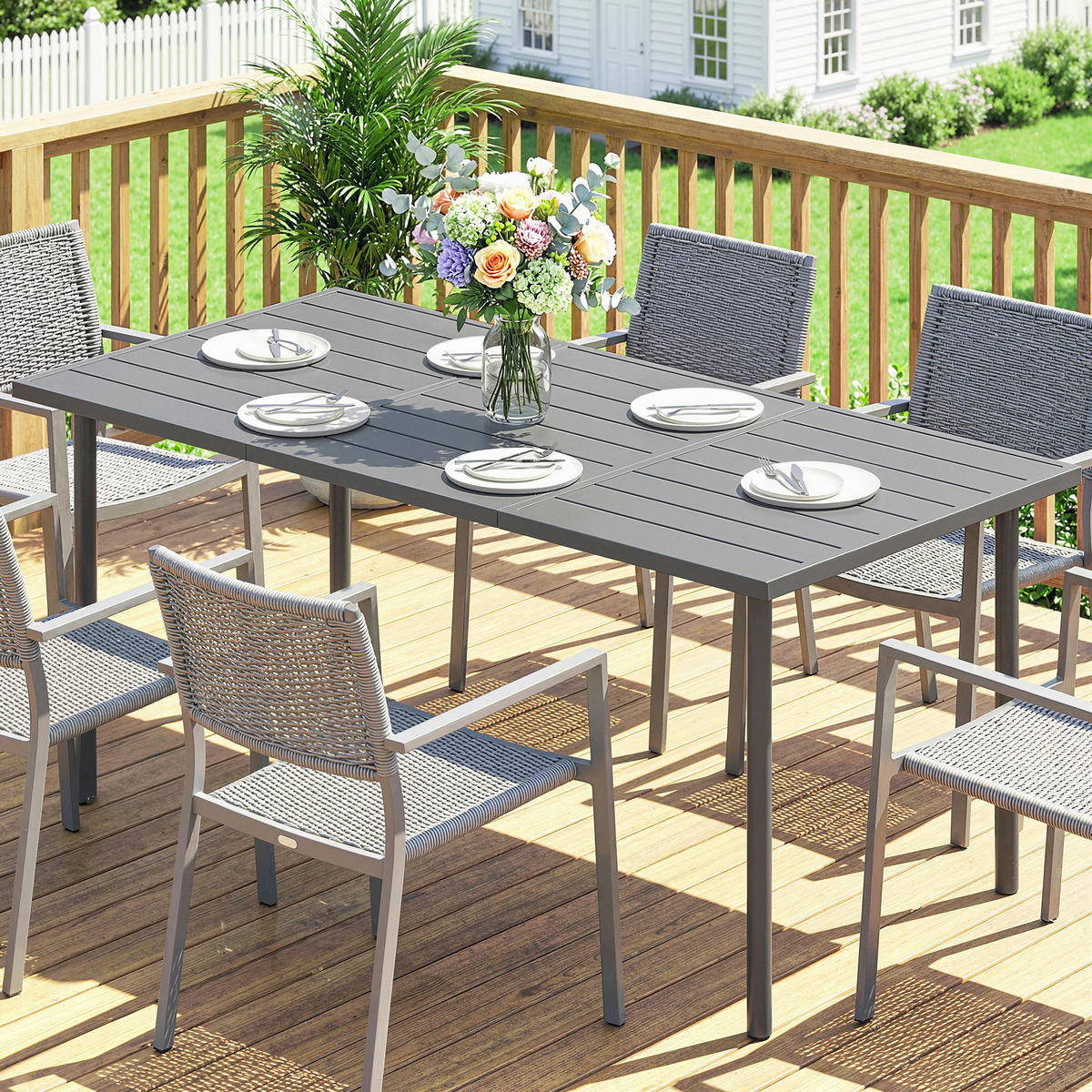 GARTENTISCH DE-07328 mit Lamellen-Tischplatte für 6 Personen Rechteckig - Dunkelgrau, Metall (165/80/74cm) - ComfortXL