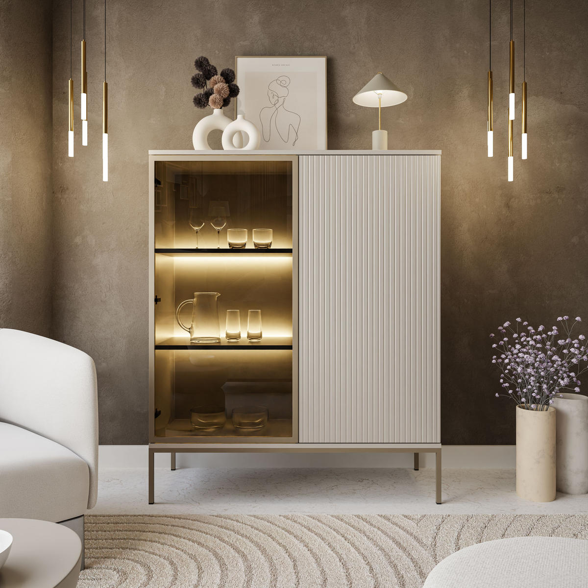 VITRINE ECLIPSE WT104 mit Beleuchtung,KASCHMIR - Kaschmir, Holzwerkstoff (104/126/39cm) - Lookway