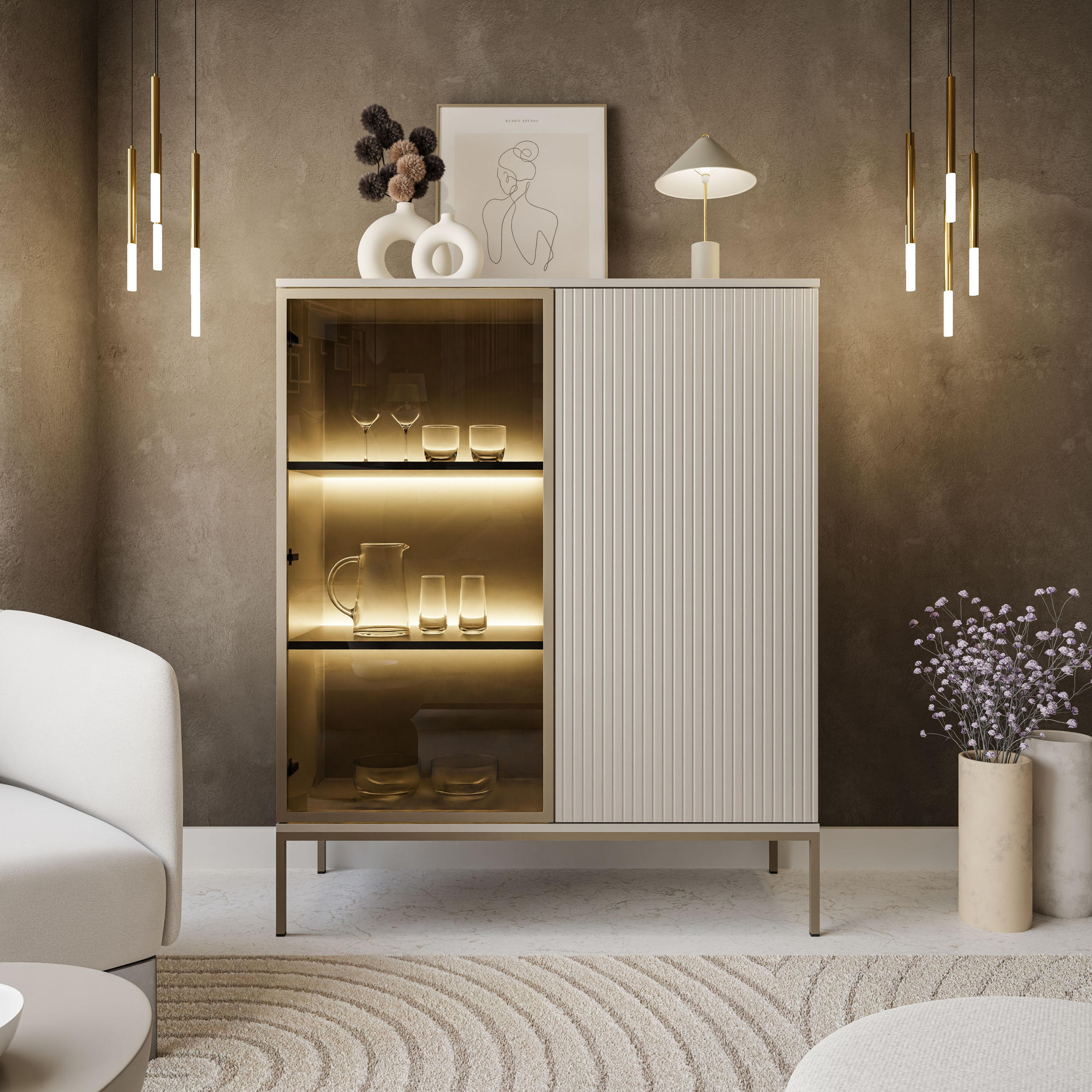 Thumbnail - Lookway Vitrine, Kaschmir, Holzwerkstoff, 104x126x39 cm, Wohnzimmer, Wohnwände, Vitrinenschränke