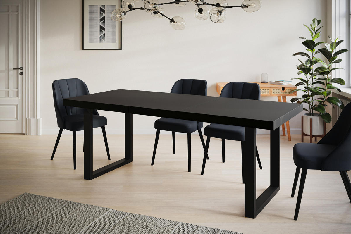 ESSZIMMERTISCH LOFT-U, ausziehbarer Tisch 180-280X90X77 cm, Farbe: Schwarz, mit Metallbeinen in Farbe Schwarz - Schwarz, Holzwerkstoff (180/90/77cm) - Alpi-Möbel