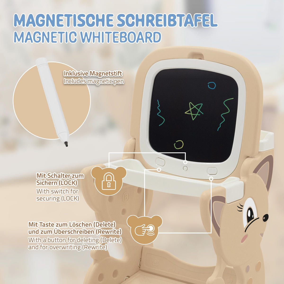 HRACÍ STŮL hnědý s LCD tabulí, dětská stolička a příslušenství - hnědá, plast (41/76/45cm) - Joyz