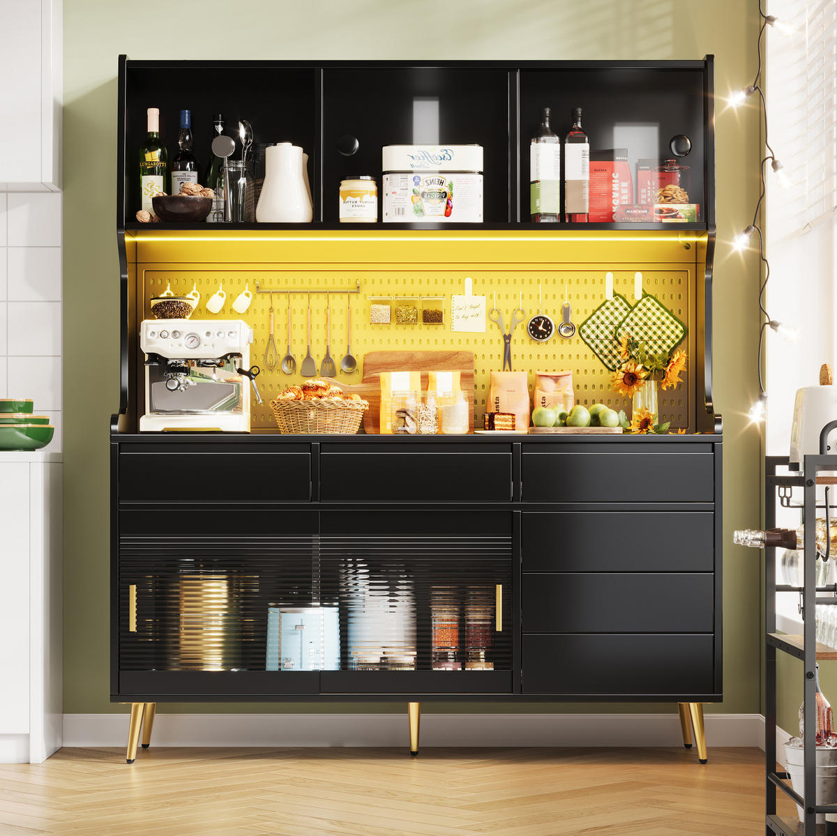 BUFFETSCHRANK 145/39/171 cm mit LED-Beleuchtung, App-Steuerung, Schiebetüren und geriffelter Glasfront, Schwarz - Schwarz, Holzwerkstoff (145/171/39cm) - Redom