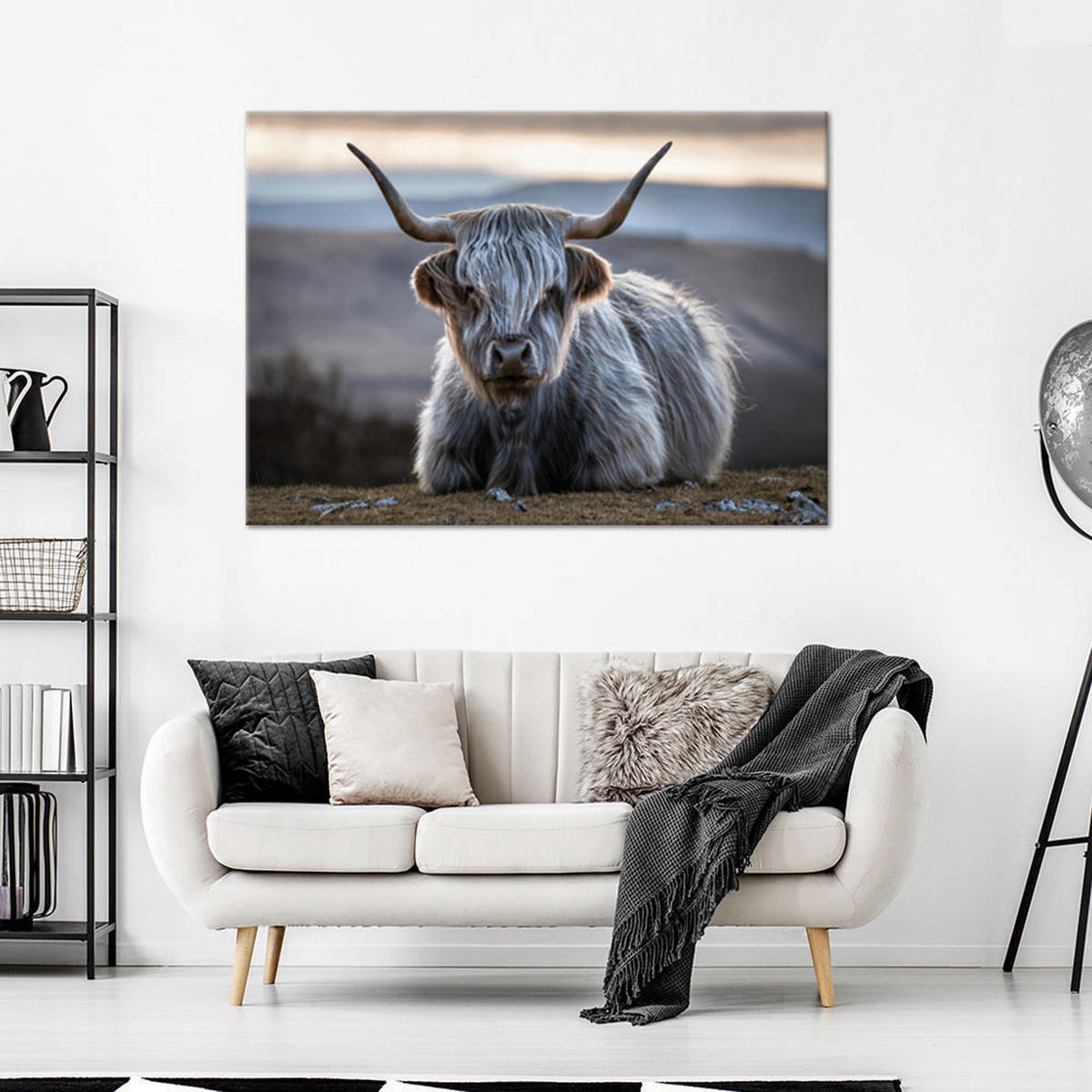 WANDBILD liegende schottische kuh - Grau, Textil (60/40cm) - Feeby