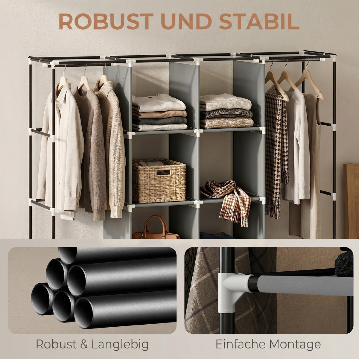STOFFSCHRANK Stahl, Vliesstoff Dunkelgrau - Dunkelgrau, Textil/Metall (42.5/167/166cm) - HOMCOM